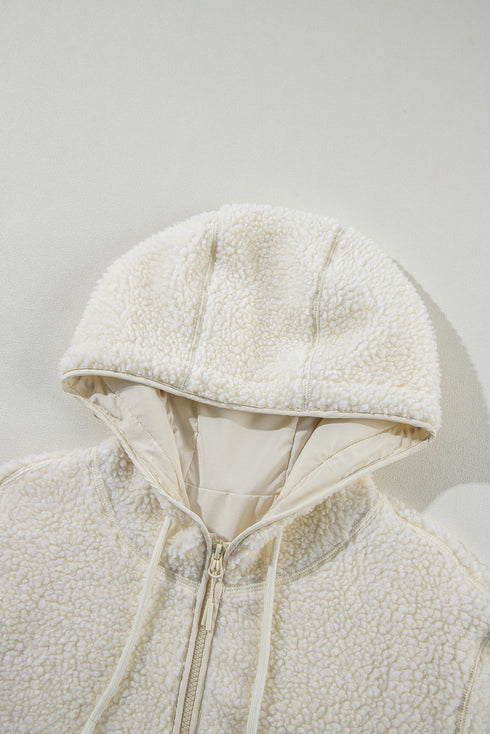 Sherpa Fleece Zip Front Drawstring Hood Drop Shoulder Pocketed Jacket
